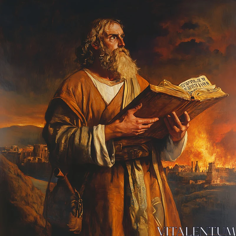 Biblical Man with Book and Burning City AI Image