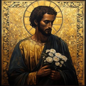 Saintly Icon with Gold Aura and Flowers