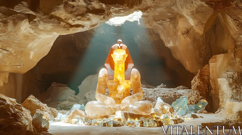 Sunlit Cave Housing Ancient Egyptian Statue and Crystals AI Image