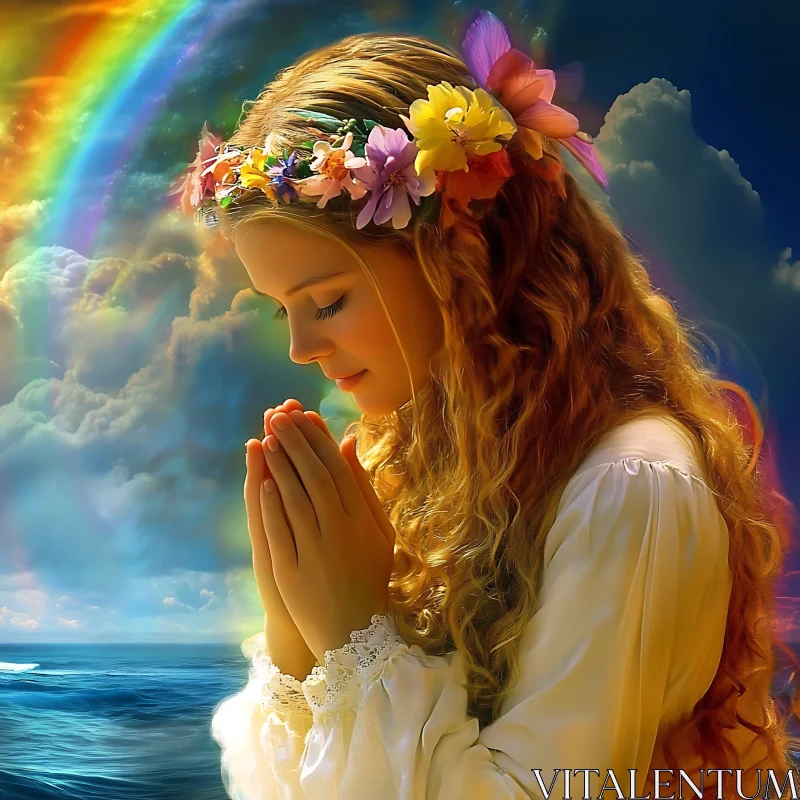 Girl Praying under Rainbow by the Ocean AI Image