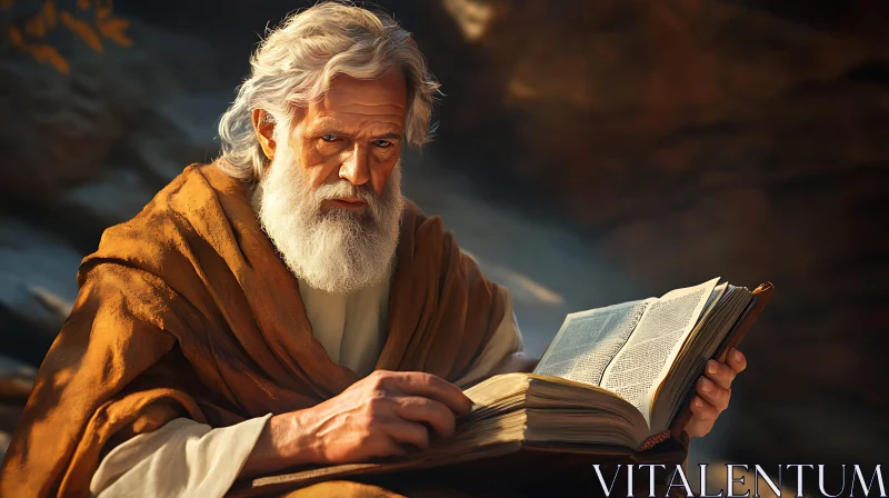 Wise Old Man Engrossed in Reading an Ancient Book AI Image