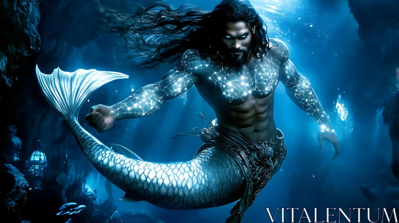 Enchanted Underwater Merman with Luminous Tattoos AI Image