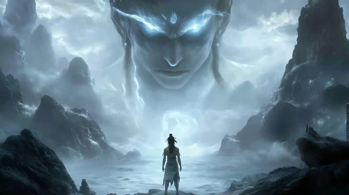 Epic Fantasy Scene with Glowing Giant Head