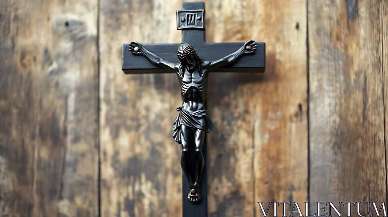 AI ART Black Crucifix Sculpture on Wooden Wall