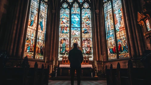 Person in Cathedral with Beautiful Stained Glass