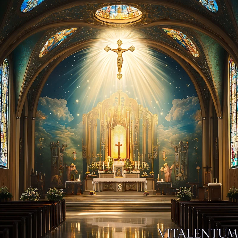 Grand Church Altar with Light and Ornate Features AI Image