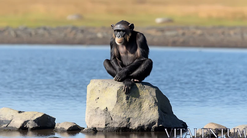 AI ART Primate Sitting on Stone in Tranquil Water