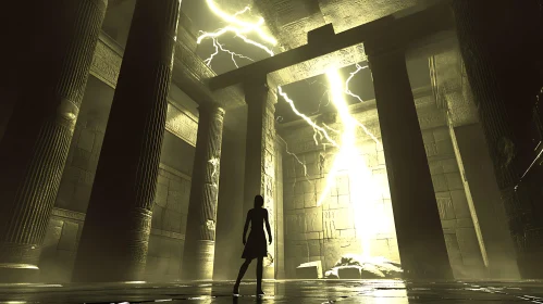 Shadowy Figure in Lightning-Lit Ancient Temple