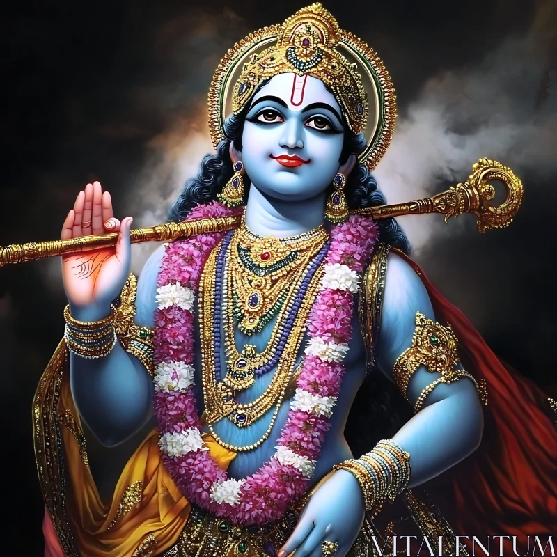 Depiction of Lord Krishna with Flute and Blue Skin AI Image