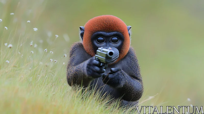 Alert Monkey with Weapon Amidst Nature Alert Monkey with Weapon Amidst Nature