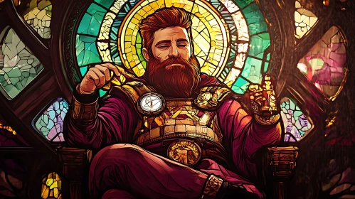 Medieval Bearded Man Sitting on Throne in Stained Glass Art