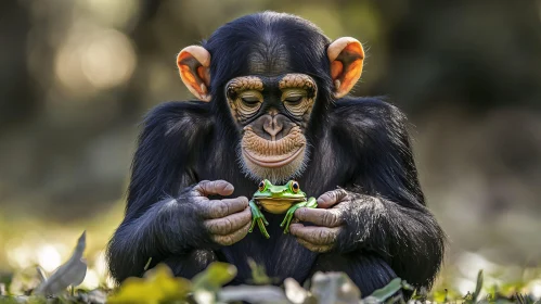 Chimpanzee Encounters Vibrant Frog