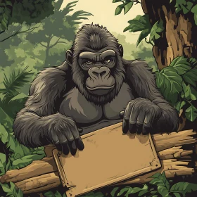 Wild Gorilla with Blank Wooden Sign