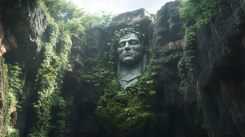 Mystical Stone Face in Green Cliffside