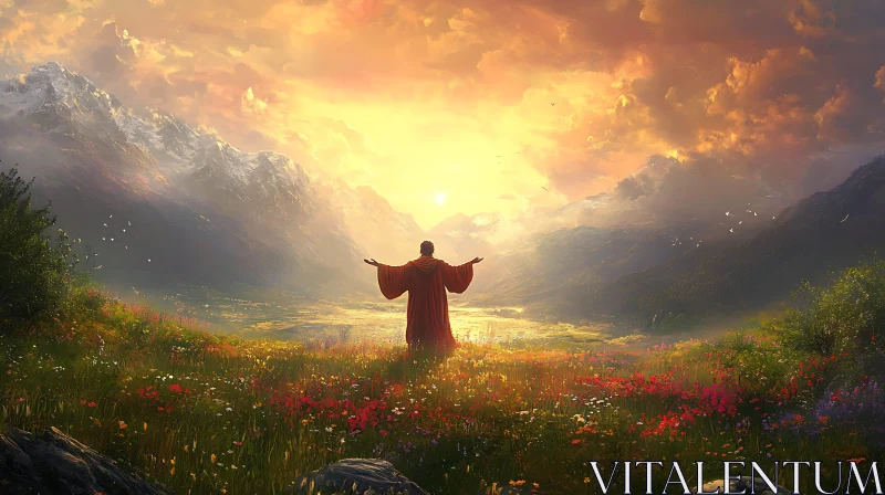 AI ART Golden Hour in the Mountains with Red-Robed Figure