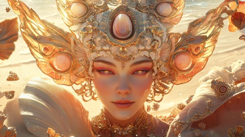 Surreal Character with Gold-Adorned Seashell Headpiece