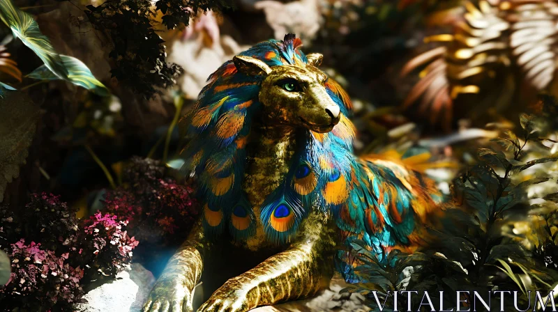 Mystical Blend of Lion and Peacock in Jungle AI Image