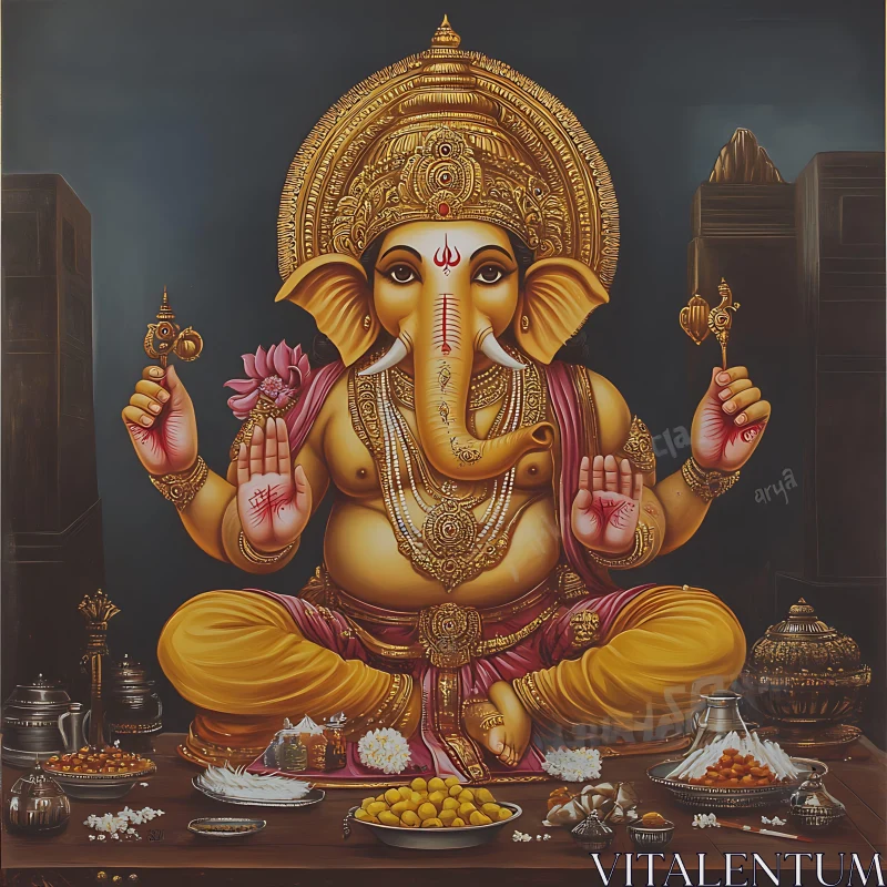 Ganesh in Meditative Pose with Offerings AI Image