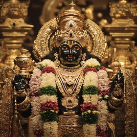 Divine Temple Figure with Intricate Gold Decorations and Multi-Colored Garlands