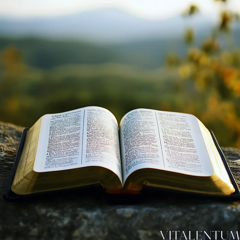 Bible on Stone with Nature Background AI Image