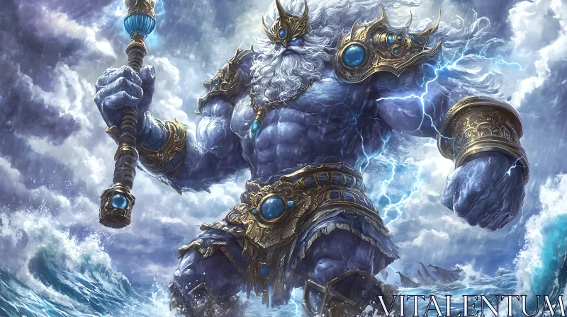 Powerful Mythological Figure Amidst Ocean Storm AI Image