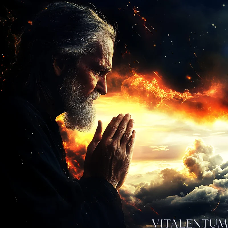 Spiritual Contemplation in a Fiery Sky AI Image