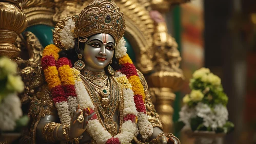 Divine Statue with Golden Ornaments and Flower Garlands