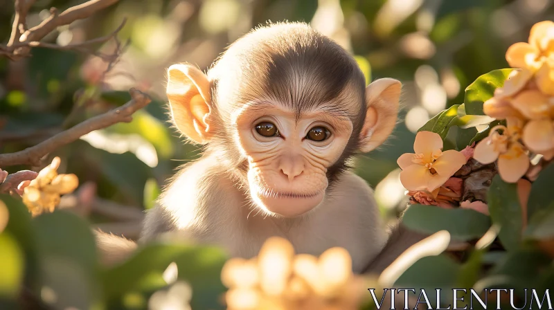 Serene Baby Monkey Surrounded by Flowers AI Image