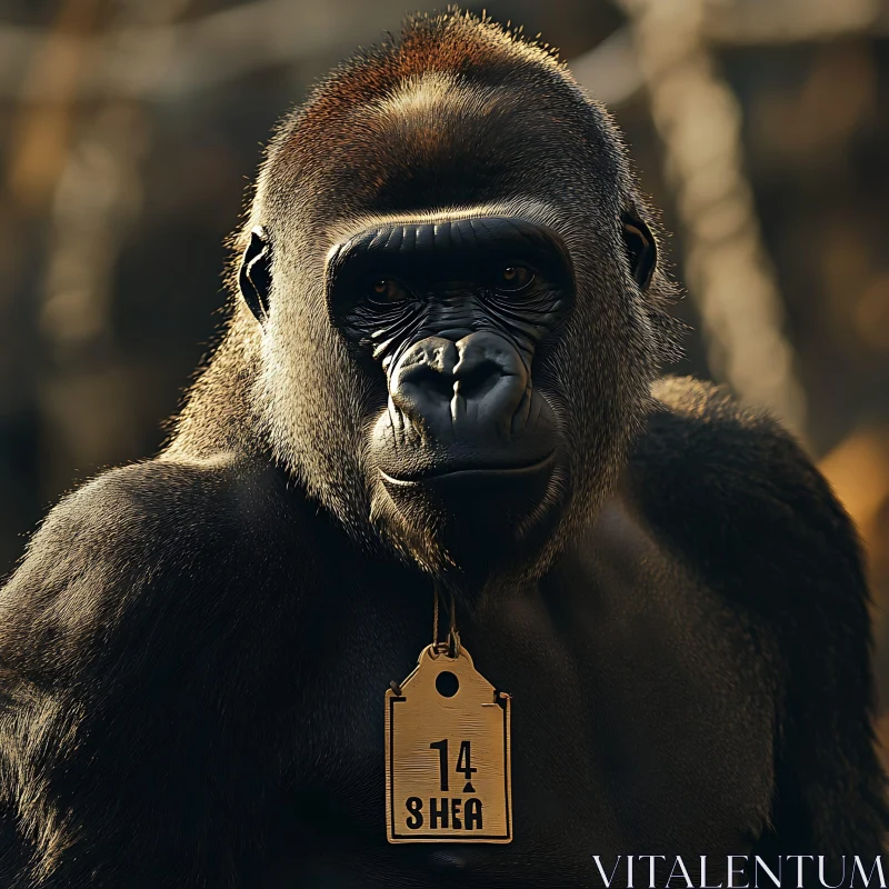 Gorilla Portrait with Identification Tag in Jungle AI Image