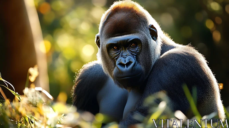 Expressive Gorilla in Sunlit Forest AI Image