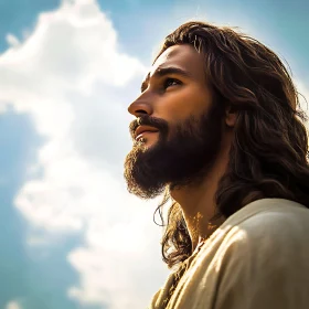 Tranquil Gaze of a Bearded Man with Long Hair