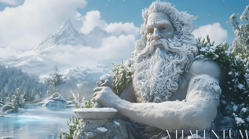 Ancient Figure Amidst Snowy Mountains AI Image