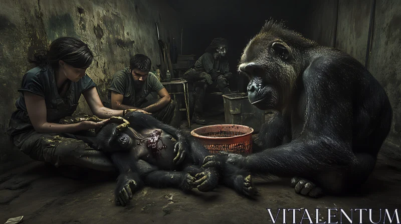 Humans Aid Injured Gorilla in Confinement AI Image