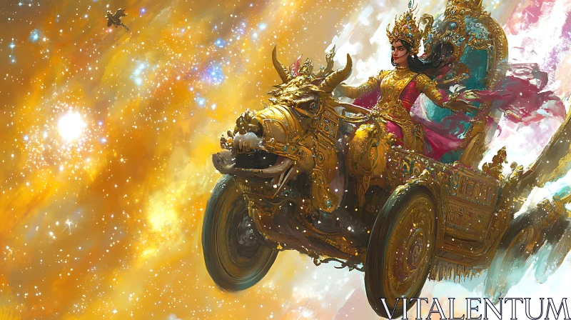 Regal Woman Traversing the Cosmos in Ornate Golden Chariot AI Image