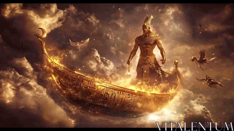 AI ART Majestic Egyptian God on a Glowing Golden Boat