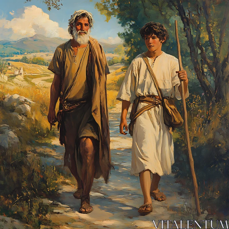 Two Figures in Ancient Attire Strolling Through Nature AI Image