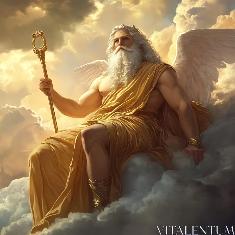 Heavenly God Amidst Clouds with Golden Staff AI Image