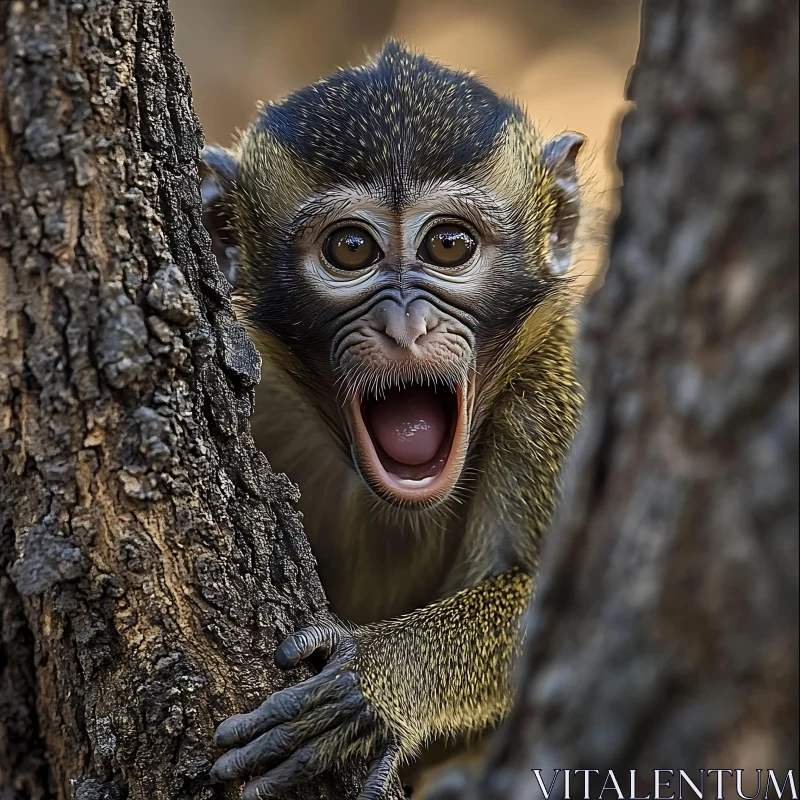 Curious Young Monkey in Forest AI Image