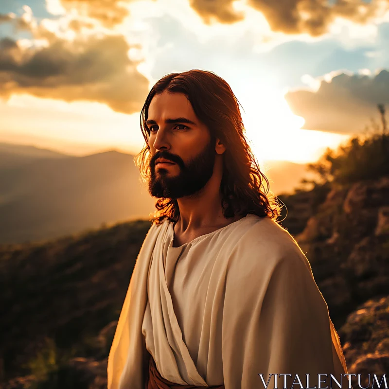 Thoughtful Man in Robes at Sunset AI Image