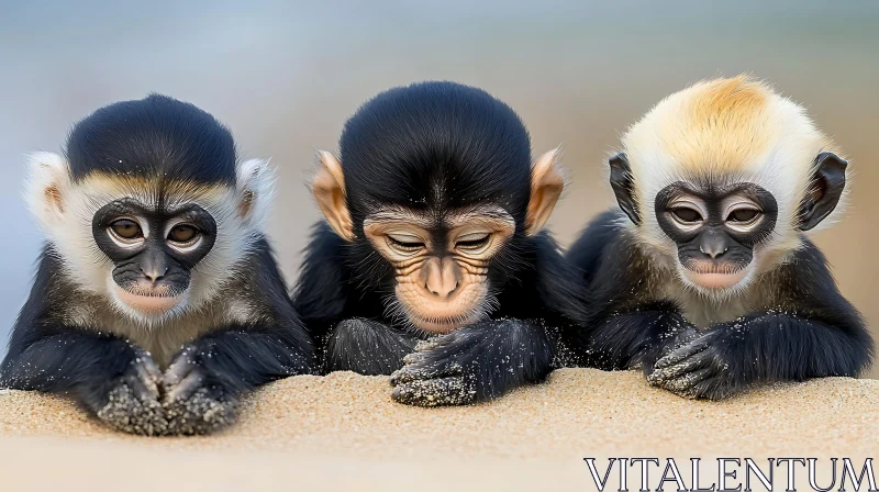 Adorable Young Monkeys Relaxing on Beach AI Image