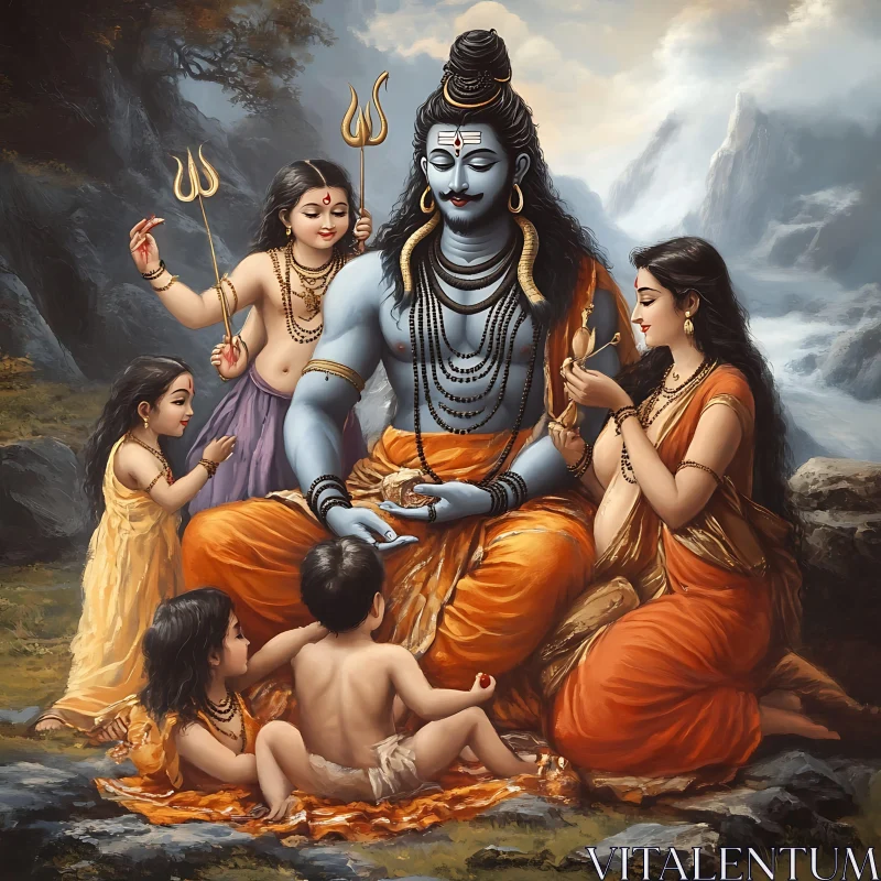 Serene Deity with Family in Mountainous Landscape AI Image