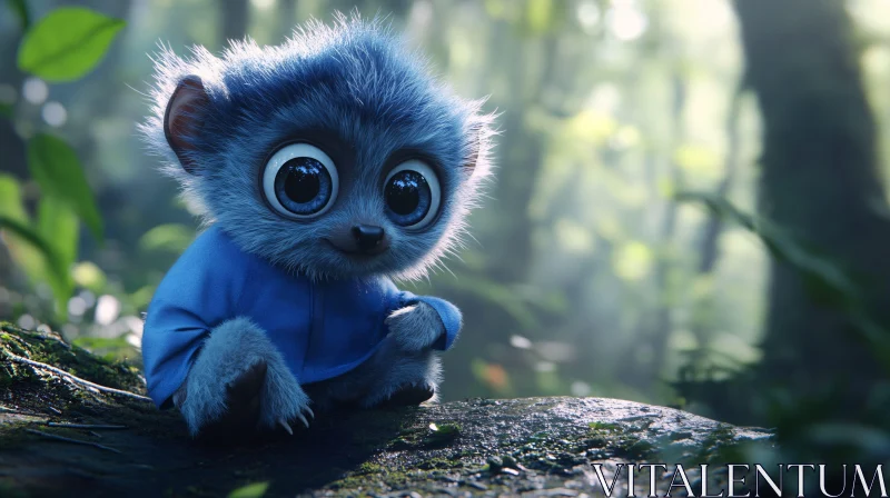 Cute Blue Creature in Lush Forest AI Image