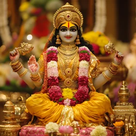 Divine Indian Goddess with Golden Attire and Floral Decorations