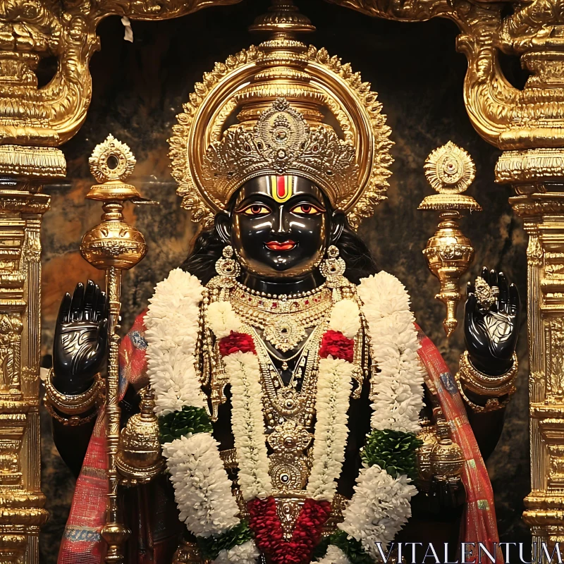 Black Stone God Idol with Golden Adornments AI Image