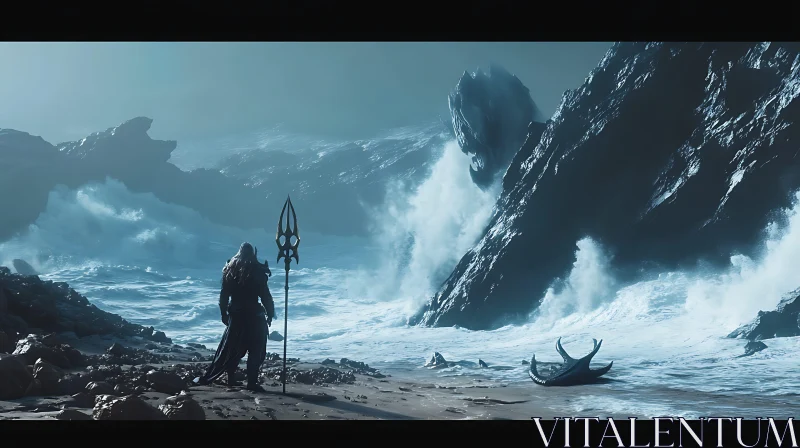 Warrior Confronts Sea Monster on Rocky Coast AI Image