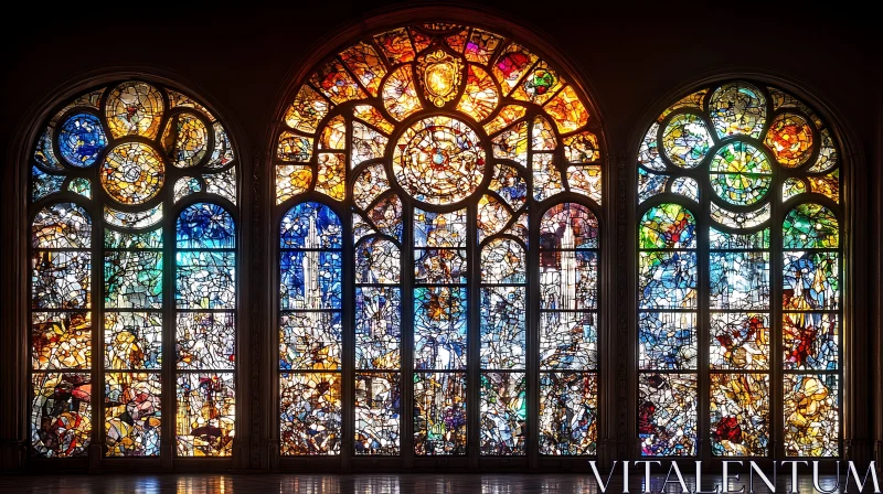 Radiant Stained Glass Windows in Arched Framework AI Image