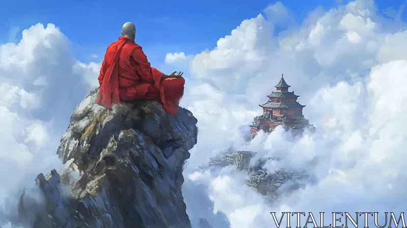 Mountaintop Meditation with Temple in Clouds AI Image