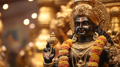 Beautiful Hindu Deity Sculpture with Gold and Flowers