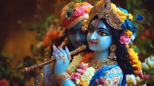 Krishna Playing Flute with Radha Amidst Flowers