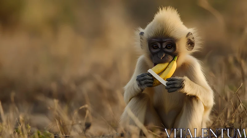 AI ART Baby Primate Holding Toy Banana in Grassy Field